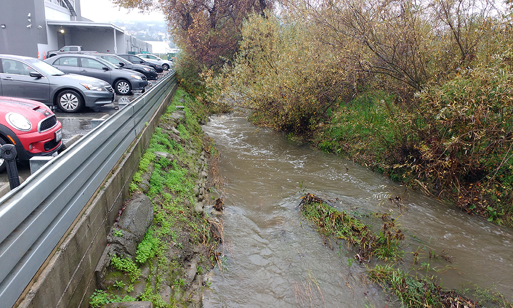 Cars parked in a parking lot next to a creek
