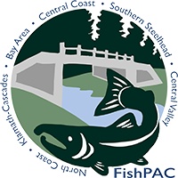 logo of fish, a river, bridge, and various regions of CA listed in a circle