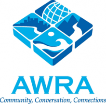 logo of four squares together in dark and light blue hues; letters "AWRA"
