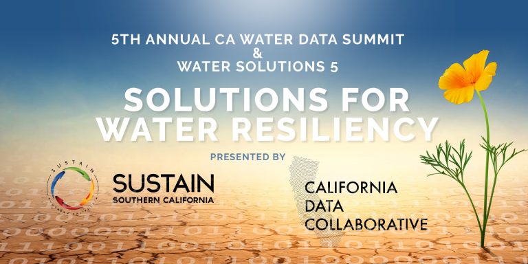 desert landscape with logos on tops of it and a California poppy; title of the summit behind a blue sky