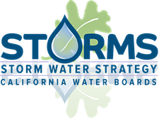 logo with one darker and lighter green leaf, the word "STORMS" and a water droplet instead of the letter o
