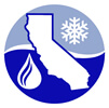 logo of water droplet, snowflake, and state of California with faded and darker blue background