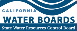 logo with a blue wave pattern at the top in dark blue, dark blue letting of logo for CA water boards