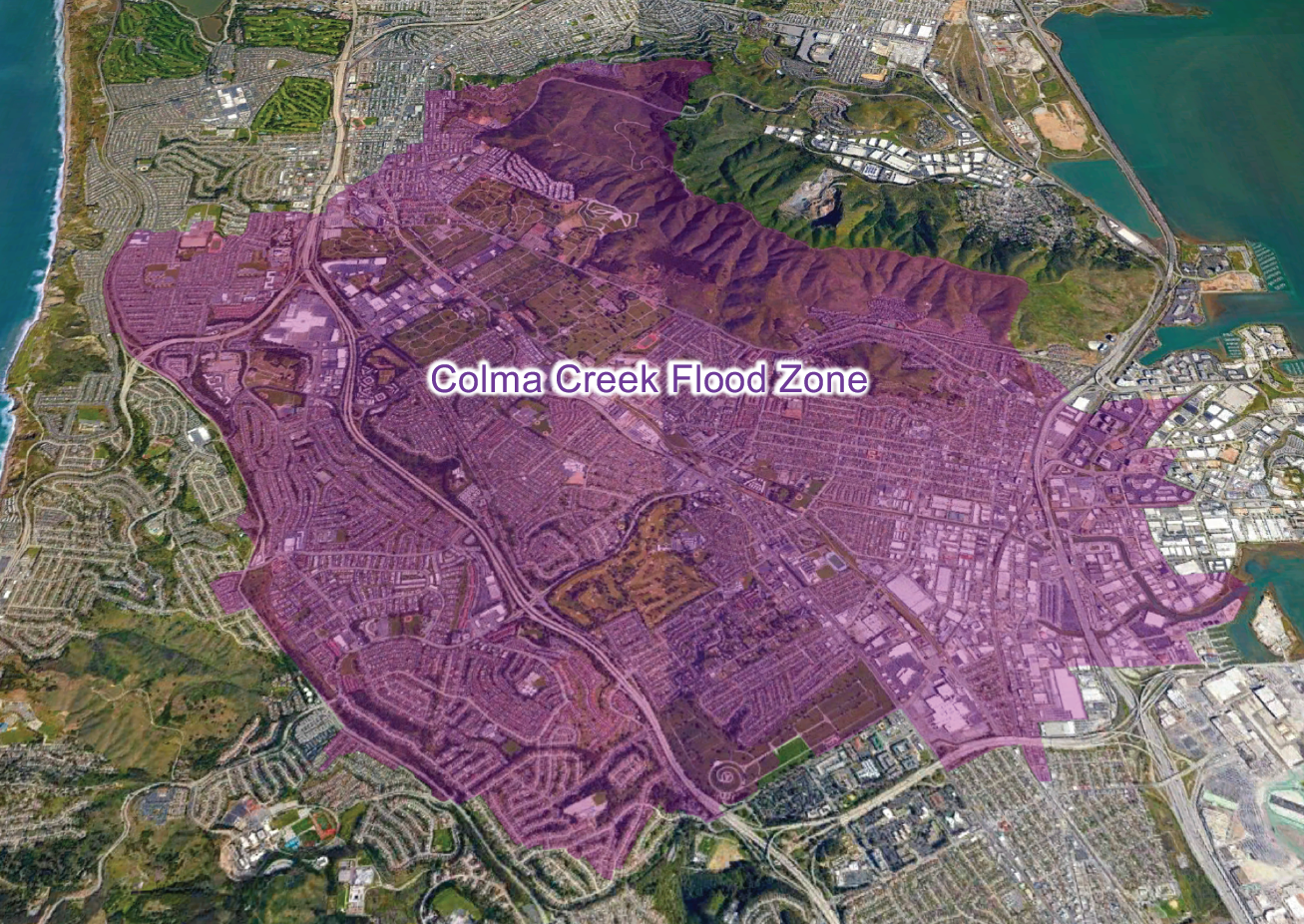 A satellite image showing the location of the Colma Creek Flood Zone