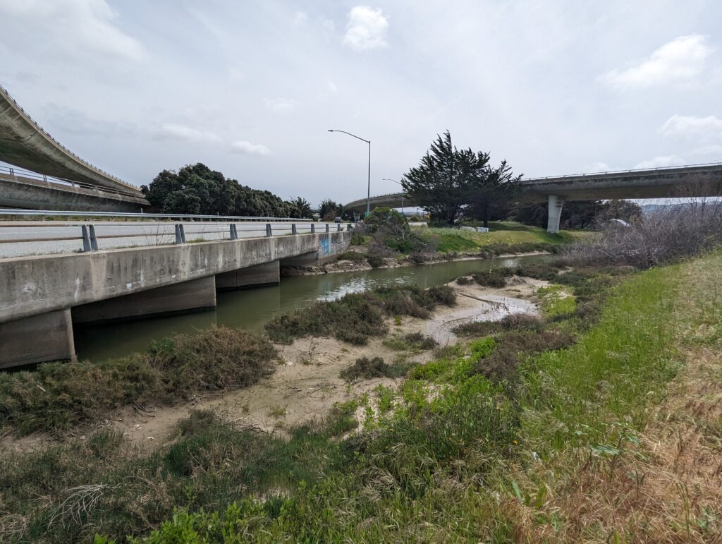 A creek running underneath several elevated roadways