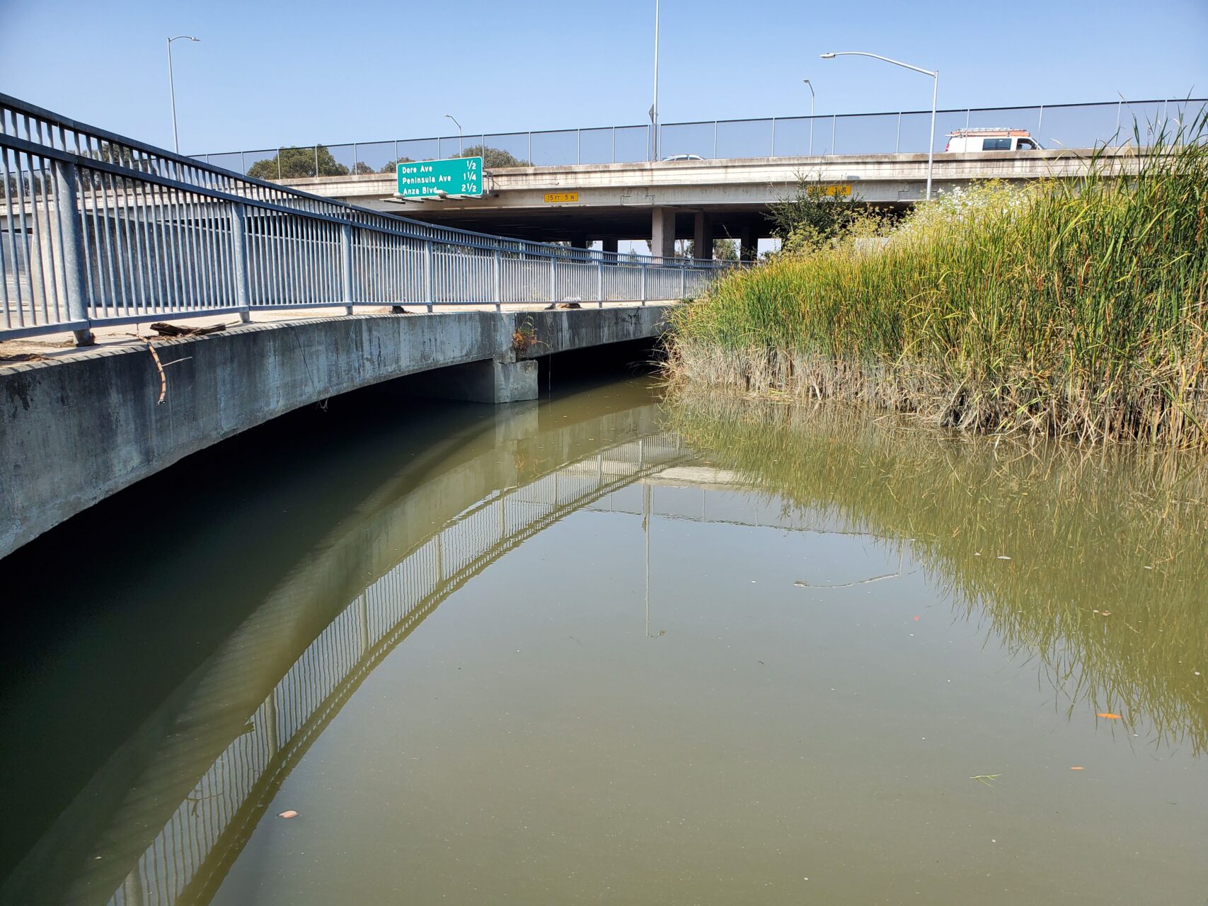 A creek with vegetation on one side and a pedestrian footbridge on the other side