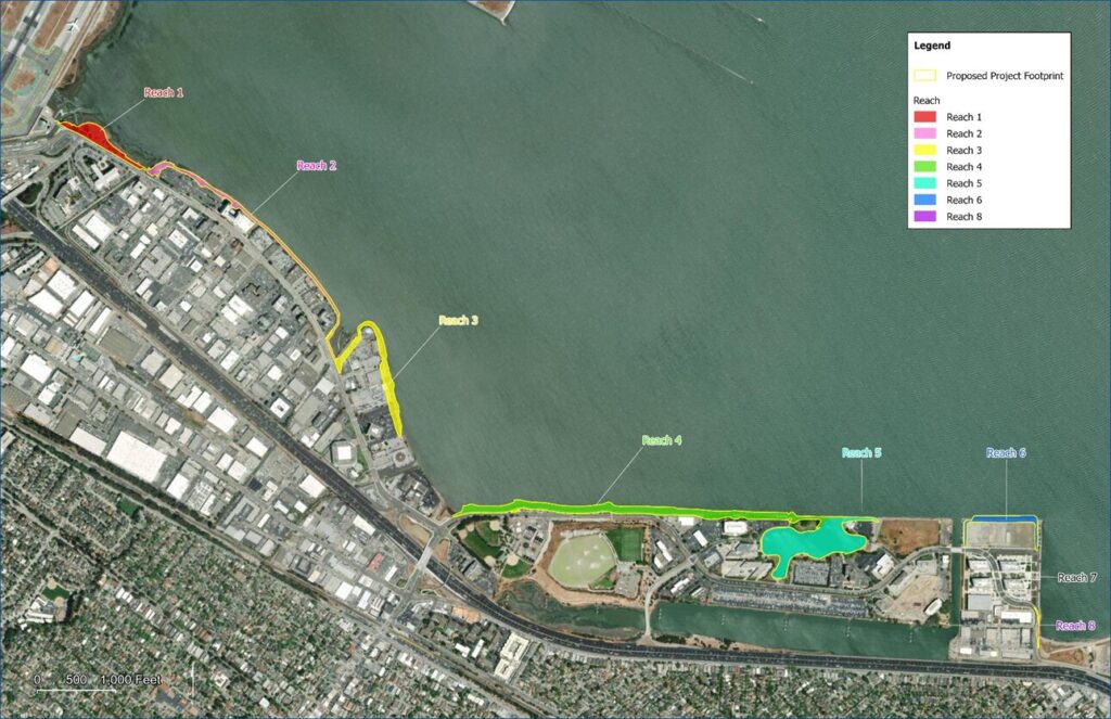 Aerial map of the Millbrae–Burlingame shoreline along San Francisco Bay showing the proposed project footprint divided into eight shoreline reaches. The shoreline extends from the San Francisco International Airport area on the west to Coyote Point on the east. Each reach is labeled sequentially (Reach 1 through Reach 8) and outlined along the Bay margin. The project footprint generally follows the existing shoreline, with wider areas at select locations including near creek mouths and lagoon features. Adjacent land uses include airport facilities, industrial and commercial areas, public parks, and the Bay Trail. A legend identifies the proposed project footprint and each reach, and a scale bar is shown in feet.