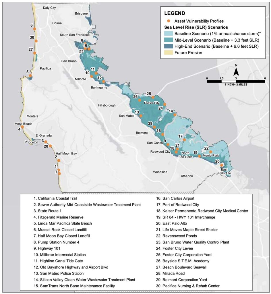 An illustration of inundation and coastal flooding due to specific sea level rise and storm surge scenarios (County of San Mateo Sea Level Rise Vulnerability Assessment, page 41)
