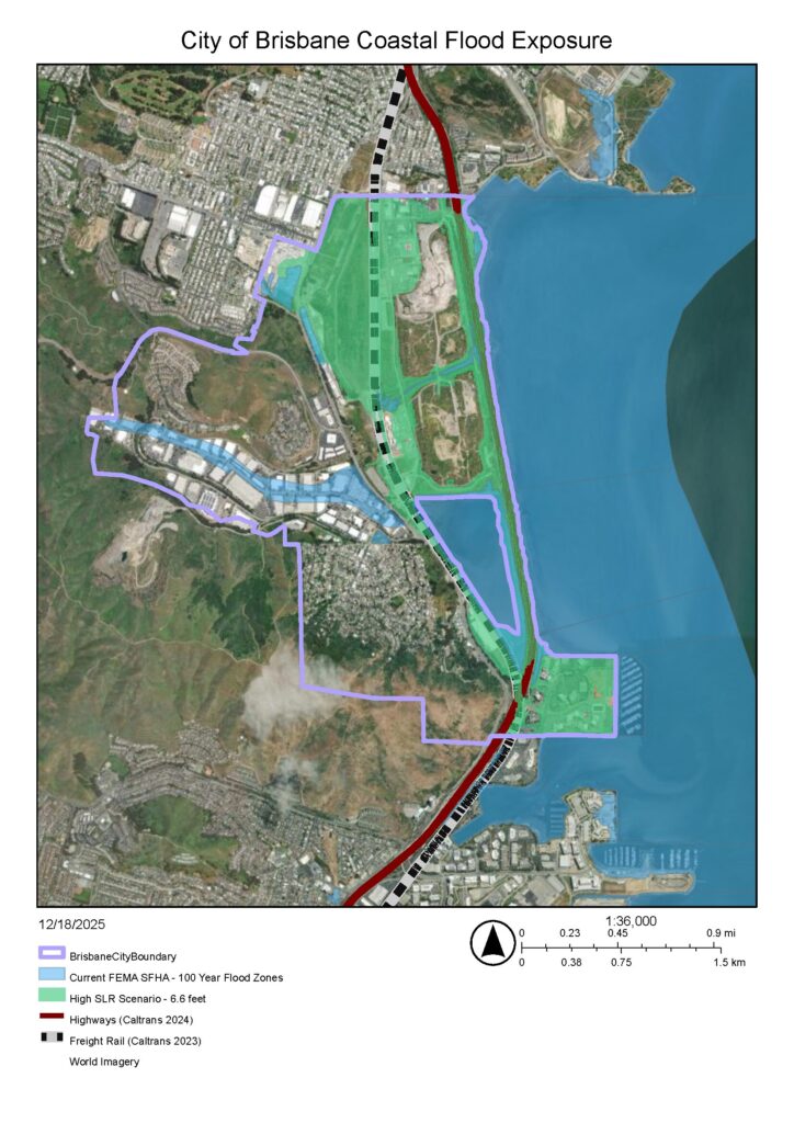 Map titled “City of Brisbane Coastal Flood Exposure.” An aerial map shows the City of Brisbane boundary outlined in purple along San Francisco Bay. Blue shaded areas indicate current FEMA 100-year flood zones, and green shaded areas show a high sea level rise scenario of 6.6 feet. Major transportation corridors are highlighted, including highways in red and freight rail lines in black and white. The map illustrates how coastal flooding and sea level rise could affect shoreline areas, transportation infrastructure, and low-lying portions of the city.