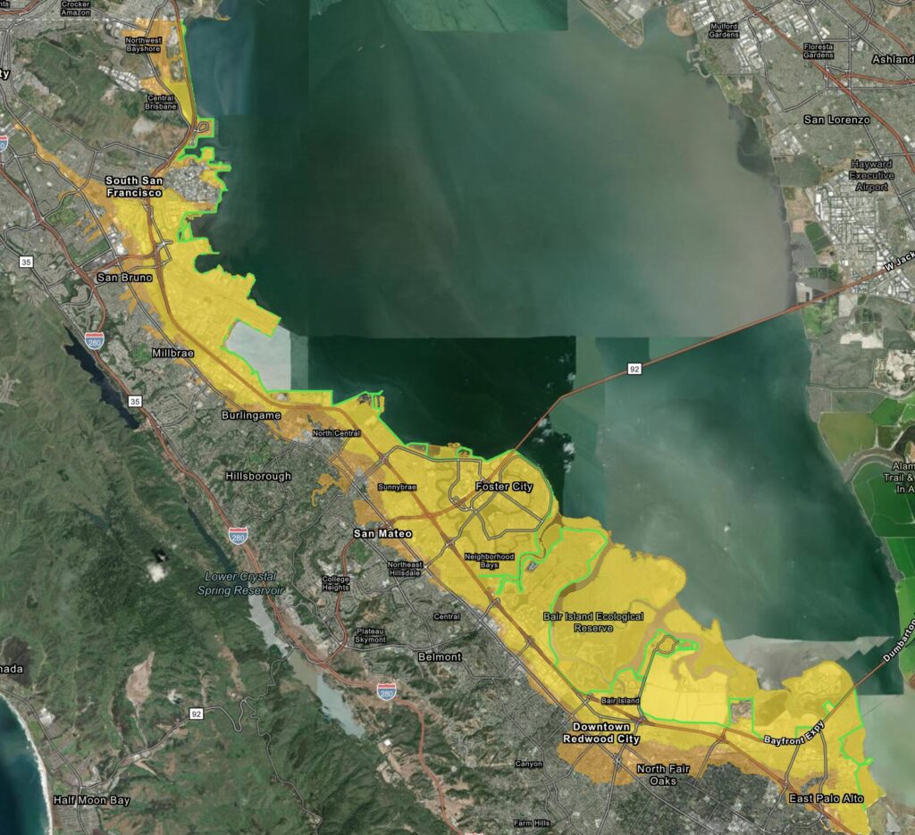 A map showing flooding extent along the Bayside of San Mateo County with sea level rise.