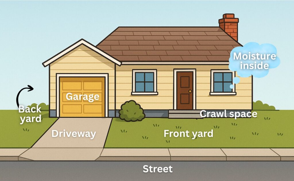 Illustrated diagram of a single-story house showing labeled areas related to water and moisture pathways. The front of the house faces a street, with labels for “Street,” “Front yard,” “Driveway,” and “Garage.” The backyard is labeled on the left side. Beneath the house, the area is labeled “Crawl space.” A thought-bubble style label reading “Moisture inside” appears near the right side of the house, indicating indoor moisture concerns. The image is a simplified, educational graphic with clear labels and no people.