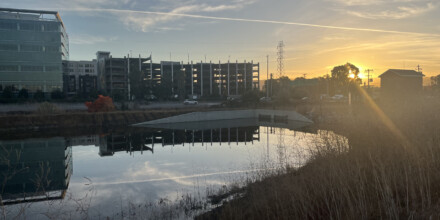 The outfalls of the channel are visible, with cars and buildings in the background