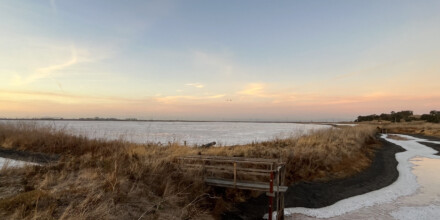 A salt pond full of water